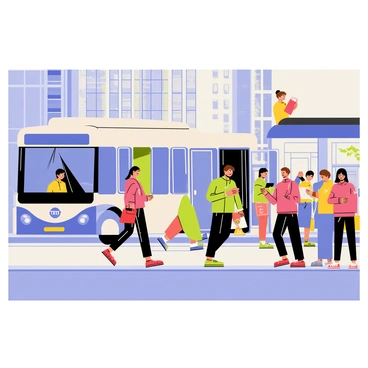 A Tata bus with a blue and white exterior is parked at a busy urban bus stop. The bus doors are open, and several people are stepping off onto the bustling sidewalk. Among them, a woman holding a red handbag is walking briskly, while a man in a green jacket checks his watch. In the background, a crowd of individuals is waiting at the bus stop, with some looking at their phones and others engaged in conversation. Morning sunlight casts long shadows on the pavement, and colorful advertisements are visible on nearby buildings. The scene captures the energy and movement of morning rush hour in the city.