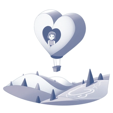 A little girl is sitting in a hot air balloon that is shaped like a heart. The balloon has a smooth, rounded appearance with a prominent heart contour. Below the balloon, a landscape is spread out, featuring a variety of hills and valleys. The landscape includes trees with different shapes and sizes, fields with distinct outlines, and winding paths that create a sense of depth. The girl's expression is one of joy and wonder as she looks down at the scenery. The sky above is clear, providing an unobstructed view of the surroundings.
