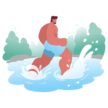 A man with a strong and muscular build is wading through a wide river. Water splashes around him as he strides confidently through the current. The river's surface reflects shades of blue and green from the surrounding environment. The man's clothing is simple, clinging to his form as he moves, hinting at his strength. In the background, lush trees line the riverbank, creating a serene setting. Gentle ripples in the water swirl around his legs, illustrating the force of the flowing river.
