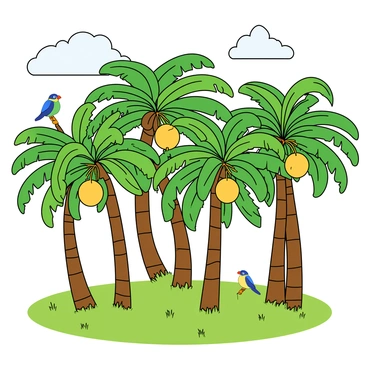 A serene coconut grove with tall trees swaying gently in the breeze