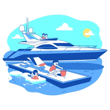 A blue yacht is sailing smoothly through the water on a sunny day. The yacht features a spacious deck where a family is gathered. The parents are sitting on comfortable white lounge chairs, wearing sunglasses and enjoying the view. Two children are playing happily on the deck, one child is building a sandcastle using a small orange bucket and shovel, while the other is splashing water with their feet over the edge of the yacht. The sun is shining brightly, creating a cheerful atmosphere. In the background, a few fluffy white clouds can be seen in the blue sky.