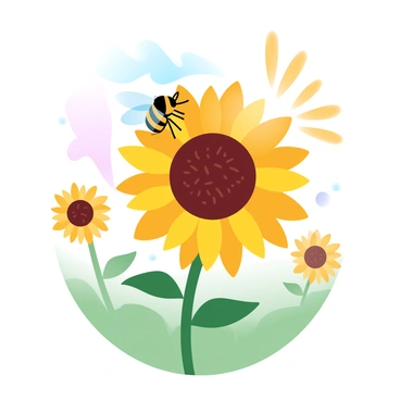A honeybee is perched on a vibrant sunflower, its delicate wings slightly spread. The sunflower is tall, with bright yellow petals surrounding a dark brown center filled with seeds. Sunlight filters through the petals, creating a warm glow. In the background, a field stretches out, dotted with other sunflowers swaying gently in a light breeze. The scene is imbued with various gradient pastel colors, enhancing the rich hues of the flowers and the serenity of the field.