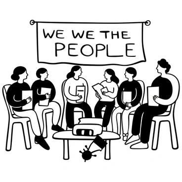 A group of diverse Indian citizens gathered in a community hall, each person holding a copy of the Constitution. There are men and women of various ages and backgrounds, dressed in traditional and modern attire. The setting includes wooden chairs arranged in a semi-circle, with a large banner hanging in the background displaying the words "We the People." A table at the front is adorned with a few small Indian flags and a stack of additional Constitution copies. The atmosphere reflects a sense of unity and shared purpose as they engage with the document.