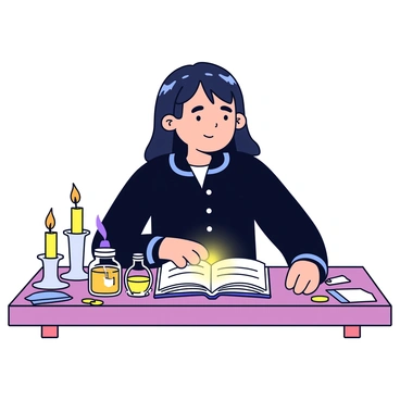 A young witch with long dark hair is sitting at a wooden desk, illuminated by the soft glow of candles. She is wearing a simple black robe. In front of her is an open grimoire with pages that seem to emit a mystical light. The desk is cluttered with small jars filled with colorful potions, a quill, and scattered pieces of parchment. A few candles are burning nearby, casting flickering shadows around the room.