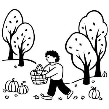A hobbit carrying a basket overflowing with apples and pumpkins in an autumnal setting