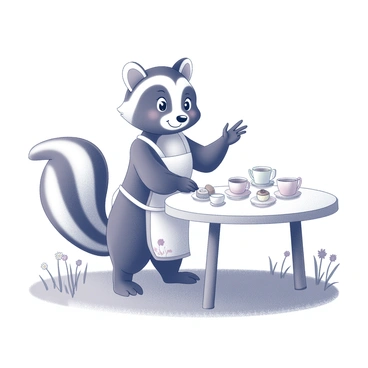 A skunk is standing on its hind legs, wearing a small, decorative apron. The skunk is the main focus, with its distinctive black and white striped fur prominently displayed. A table is set in front of the skunk, covered with a white tablecloth. On the table, there are several tiny teacups arranged neatly alongside a variety of pastries, including small cakes and cookies. The setting is outdoors, surrounded by lush green grass and a few delicate flowers adding to the whimsical atmosphere. The skunk looks cheerful and welcoming as it gestures towards the teacups, inviting guests to join the tea party.