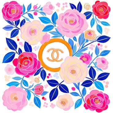 A seamless pattern features a variety of "delicate roses" in full bloom, showcasing intricate details of the petals and leaves. The roses are in shades of pink, red, and cream, arranged harmoniously across the composition. Interspersed among the flowers, the "Chanel logo" is subtly integrated, maintaining a balanced and elegant appearance. The overall design has a soft, romantic feel, with the roses creating a lush backdrop for the logo. Each element flows seamlessly into the next, enhancing the visual appeal of the pattern.