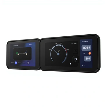 A digital car dashboard featuring sleek touch screens and high-resolution displays. The dashboard is equipped with various gauges showing speed, fuel level, and engine temperature. Real-time updates are prominently displayed on the screens, showcasing navigation maps, music controls, and vehicle status. The design includes a modern aesthetic with illuminated panel edges and a minimalist layout. Buttons and icons on the touch screens are intuitively arranged for easy access while driving.