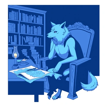 A blue werewolf is sitting on a large, ornate wooden chair in a dimly lit study. The walls are lined with shelves filled with ancient tomes and rolled-up maps. The werewolf has a thoughtful expression, with its chin resting on one clawed hand. To its left, there is a large wooden desk cluttered with parchment, quills, and an inkpot. A single flickering candle casts soft shadows across the room, illuminating the intricate details of the maps and the fur of the werewolf.