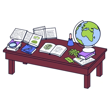 A wooden explorer's desk from the 19th century with a rich, dark finish. The desk is cluttered with open journals filled with handwritten notes and sketches. There are several detailed sketches of ferns, with varying shades of green, placed haphazardly around the desk. A quill pen rests in an ink pot, while a magnifying glass lies beside a stack of worn leather-bound volumes. A globe sits in one corner, depicting the world as it was known during that time.