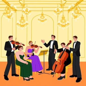 A string quartet consisting of two violins, a viola, and a cello is performing in a lavish ballroom. The musicians are dressed in formal attire, with the men in black tuxedos and the women in elegant evening gowns. The ballroom features multiple sparkling chandeliers hanging from a high ceiling. Ornate gold decorations and intricate patterns adorn the walls, creating an atmosphere of luxury. Soft, warm light illuminates the scene, highlighting the musicians and their instruments. A polished wooden floor reflects the grandeur of the surroundings.