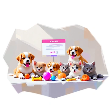 A voucher for a pet store displayed prominently in the center of the image. Surrounding the voucher are several playful puppies of various breeds, including a golden retriever puppy and a beagle puppy, all with expressive faces and wagging tails. Nearby, a few fluffy kittens of different colors, such as gray and orange, are lounging playfully, some with bright, curious eyes. Scattered around them are a variety of colorful pet toys, including a bright red ball, a blue plush mouse, and a yellow rubber bone. The background features a soft texture that complements the playful scene. 