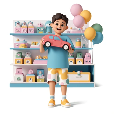 A delighted child, wearing a blue t-shirt and colorful shorts, stands in the center of a vibrant toy store. The child is holding a bright red toy car, grinning broadly with gleaming eyes. The shelves around are filled with various toys, including plush animals, action figures, and board games, all in a spectrum of colors. Colorful balloons are also visible in the background, adding to the cheerful atmosphere of the store.