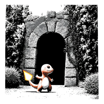 A small Charmander with orange scales is standing in front of a set of ancient stone ruins. The ruins are partially collapsed, with detailed carvings visible on the weathered stone surfaces. Vines are thickly wrapped around the structures, some hanging down from above, creating a lush green contrast to the gray stones. The Charmander looks curiously at the entrance of the ruins, its tail flame flickering brightly as it casts a soft glow on the surrounding area. In the background, more overgrown vegetation is visible, including large ferns and small bushes, contributing to the sense of discovery.