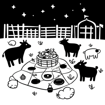 A group of farm animals, including a cow, pig, and sheep, gathered around a checkered picnic blanket spread out on the grass. A large basket overflowing with fruits and snacks sits at the center of the blanket. The animals are surrounded by various picnic items such as plates, cups, and utensils. Above them, the night sky is filled with stars, twinkling brightly. A few party decorations, like small flags and banners, are placed nearby, creating a festive atmosphere. An old wooden fence can be seen in the background, adding to the farm setting.