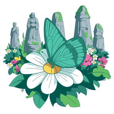 A teal butterfly with intricate patterns on its wings is resting on a large, blooming white flower. The flower has delicate petals that are slightly open, revealing its bright yellow center. In the background, there are several weathered stone statues, depicting figures from medieval times, partially covered in green moss. The garden is filled with lush greenery and various colorful flowers surrounding the butterfly and flower.