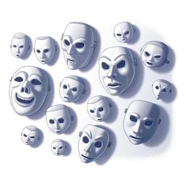 A wall adorned with a variety of masks, each displaying unsettling expressions. The masks vary in size and shape, some are elongated while others are round. Each mask features intricate details, such as exaggerated facial features, deep-set eyes, and twisted mouths that evoke a sense of discomfort. The textures of the masks range from smooth to rough, showcasing different materials like wood, ceramic, and cloth. The arrangement on the wall allows for a striking visual impact, with masks overlapping slightly and casting shadows that enhance their eerie presence.