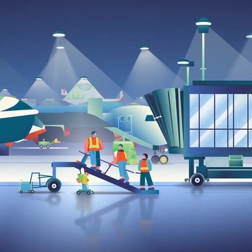 Nighttime scene of an airport with workers operating a jet bridge under floodlights