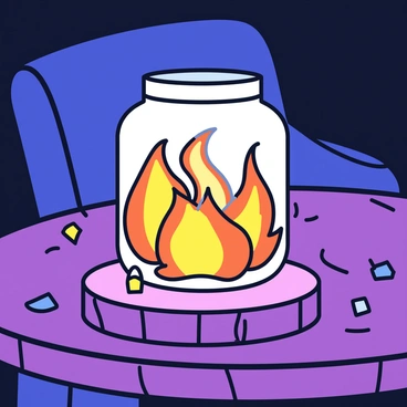 A magical jar with a rounded shape and a glass exterior. Inside the jar, swirling flames of orange and yellow dance and flicker, casting a warm glow. The jar is placed on a rustic wooden table with a textured surface, showing the natural grains and knots of the wood. The surrounding area is dimly lit, enhancing the jar's soft illumination.