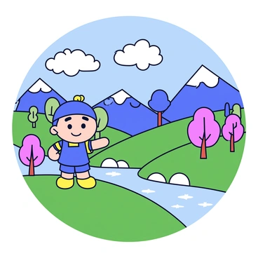 A cartoon character with a large round head and big expressive eyes is standing on a grassy hilltop. The character has a bright blue outfit with yellow stripes and a cheerful smile. Below the hill is a colorful fantasy landscape featuring rolling hills, whimsical trees with oversized leaves, and a sparkling river winding through the valleys. In the distance, there are towering mountains with snow-capped peaks under a clear blue sky. Fluffy white clouds float lazily above, adding to the vibrant scene.