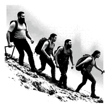 A group of four adventurers is climbing a steep mountain path. The first adventurer, a tall man with a rugged beard, is leading the way with a pickaxe in hand, focused on the ascent. The second adventurer, a woman with long hair tied back, follows closely behind, carrying a backpack that appears heavy. The third adventurer, a stout man, is using a walking stick for support, looking up at the path ahead. The fourth adventurer, a younger woman, is bringing up the rear, carefully placing her feet on the rocky terrain. The mountainous background is steep and jagged, emphasizing the challenge of their journey. Each adventurer displays a look of determination on their face.