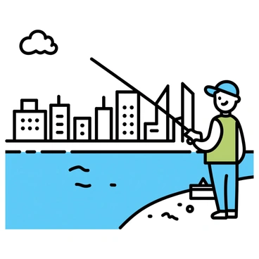 A city skyline featuring tall buildings with a mix of modern and older architecture in the background. In the foreground, a wide river flows gently, reflecting the outlines of the buildings. On the bank of the river, a fisherman stands with a fishing rod, wearing a blue cap and green vest. He is focused on the water, and a small tackle box sits beside him on the grass. The sky is clear with a few fluffy clouds, adding to the tranquil scene.