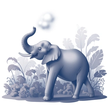 An elephant standing in a dense jungle, with its large body surrounded by thick foliage. The elephant is calmly raising its trunk, directing it upward. As it exhales, large clouds of mist are billowing out from its trunk, dispersing into the humid air. The background is filled with various large leaves and vines, emphasizing the lush environment. The scene captures the natural behavior of the elephant and the serene atmosphere of the jungle.