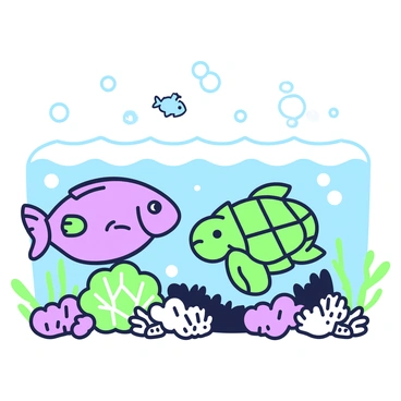 A grouper is swimming gracefully through the water, showcasing its robust body and detailed texture. Next to it, a sea turtle glides smoothly, with its shell exhibiting intricate patterns and shapes. The water is filled with bubbles rising upwards, creating a sense of movement. Surrounding the fish and turtle are various types of coral, with different shapes and sizes enhancing the underwater scene. Some small fish dart around playfully in the background, adding liveliness to the composition.