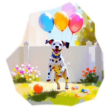 A playful dalmatian with distinct black spots is energetically jumping in a grassy yard. The dog has a joyful expression, with its ears perked up and tail wagging. Colorful balloons in shades of red, blue, and yellow are floating above, swaying gently in the breeze. The yard is enclosed by a white fence, and there are patches of vibrant flowers blooming nearby. A few scattered toys are visible on the grass, adding to the lively atmosphere of the scene. Sunlight casts soft shadows, enhancing the cheerful mood.