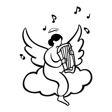 An angel with large wings depicted in a black-and-white illustration is seated on a fluffy cloud. The angel is gracefully playing a harp that is intricately designed, with flowing lines and ornate details. Surrounding the angel are musical notes floating in the air, representing the melodious tunes being emitted. The cloud is softly shaped, adding a gentle ambiance to the scene, and the overall composition conveys a sense of tranquility.
