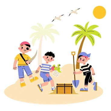 A group of three children dressed as pirates is exploring a deserted island. One child wears a black eye patch and a red bandana, holding a wooden sword. Another child is dressed in a striped shirt with a toy parrot perched on their shoulder, carrying a treasure map. The third child sports a pirate hat and is digging into the sandy ground with a small shovel, revealing a wooden chest partially buried in the sand. In the background, palm trees sway gently, and a bright sun shines down on the scene. Seagulls fly overhead, adding to the adventurous atmosphere.