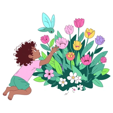 A young child with curly hair is kneeling at the entrance of a hidden garden, wide-eyed in wonder. The garden is filled with an abundance of colorful flowers, each one blooming vibrantly. Delicate creatures resembling fairies are fluttering around the flowers, their wings shimmering in the sunlight. The child is reaching out with one hand, gently touching a soft pink flower while looking up in awe at a teal creature perched on a nearby branch. The scene is lively, with various magical creatures peeking out from behind the leaves, creating an enchanting atmosphere.