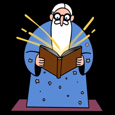 A tall man with long white hair and a beard is standing, wearing a deep blue robe adorned with silver stars. His glasses are perched on his nose as he carefully opens a large, ancient book. Golden light streams out from the pages of the book, casting a warm glow on his face, highlighting his wise expression and twinkling blue eyes. The surrounding area is dimly lit, enhancing the effect of the radiant illumination from the book.