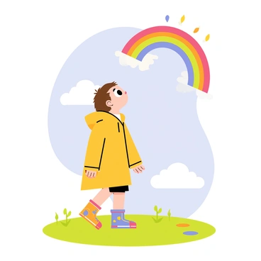 A child standing in a grassy field with wide eyes, gazing upwards in amazement at a bright rainbow arcing across a blue sky. The child has short brown hair and is wearing a yellow raincoat with colorful rain boots. There are small puddles on the ground reflecting the vibrant colors of the rainbow. In the background, there are fluffy white clouds and hints of sunlight breaking through, highlighting the scene.
