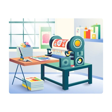 A vintage printing press with ornate details is located in a bright studio filled with natural light. The press is actively producing colorful illustrated posters that feature various vibrant designs. Nearby, stacks of freshly printed posters are neatly arranged, showcasing a variety of colors such as red, blue, and yellow. The walls of the studio are adorned with additional posters and art pieces, creating a lively atmosphere. Various art supplies, including paintbrushes and ink bottles, are scattered across a wooden worktable, adding to the creative environment.