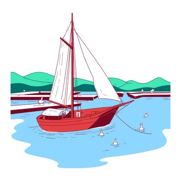 A red vintage sailboat with intricate woodwork is anchored in a calm harbor. The sailboat features white sails that are furled neatly against the mast. Surrounding the boat are several small white buoys gently bobbing in the water. The harbor is lined with white docks, and a few teal seagulls can be seen perched on the edges. In the background, there are distant rolling hills with a soft teal hue under a clear blue sky. The overall scene conveys a sense of peacefulness and tranquility.