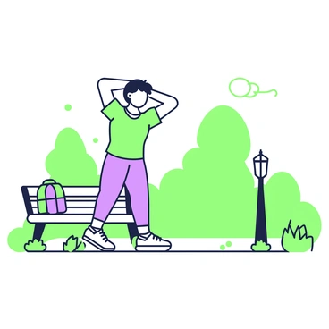 A person is walking along a path in a park, surrounded by trees and grass. They have short hair and are wearing a comfortable t-shirt and jogging pants. The individual pauses mid-stride to stretch, reaching their arms overhead while tilting their head to one side to relieve neck tension. Nearby, there is a park bench with a small backpack resting against it, and a few scattered leaves are visible on the ground, indicating the season. In the background, a clear sky suggests a pleasant day.