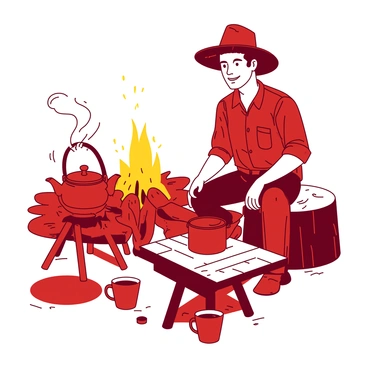 A red farmer is sitting on a wooden stump by a yellow campfire. The fire is crackling, sending small sparks into the night sky. The farmer wears a plaid shirt and a wide-brimmed hat, with a content expression on his face. In front of him, there is a traditional kettle resting on a metal tripod over the flames. Steam is rising from the kettle as it brews coffee, and nearby, a sturdy wooden table holds a couple of mugs waiting to be filled. The surrounding area has a rustic feel, with hints of nature in the background.