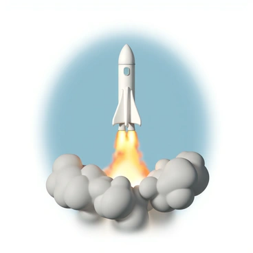 A sleek rocket, painted in bright white and silver, is launching into the sky. The rocket stands tall on a launch pad, with its engines igniting intensely, trailing vibrant orange flames and thick gray smoke. The sky above is clear blue, contrasting with the dynamic scene below. The flames swirl and flicker as they propel the rocket upwards, illuminating the surrounding area. The smoke billows out, creating a dramatic effect as it merges with the blue of the sky, capturing the energy of the launch.