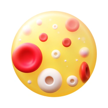 A close-up view of red blood cells and white blood cells floating in transparent plasma. The red blood cells are biconcave discs, rich in color, while the white blood cells vary in size and shape, some appearing larger with a distinct nucleus. The plasma is a light yellow liquid, with a smooth texture, surrounding the blood cells. Small particles, such as platelets, can be seen scattered throughout the plasma, adding detail to the composition.