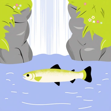 A trout with shimmering scales is swimming gracefully in a clear blue pool at the base of a cascading waterfall. The waterfall pours over rugged rocks, creating a misty spray that dances in the sunlight. Lush green foliage surrounds the pool, with vibrant flowers peeking through the leaves. The water is dotted with smooth pebbles, and small ripples emanate from where the trout moves through the water.