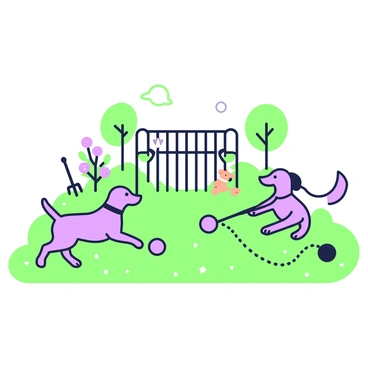 A family of dackels is playing together in a spacious backyard. The dackels are scattered across the grass, engaged in various playful activities. One dackel is running after a purple ball, while another is playfully tugging on a green rope. In the background, there is a small wooden fence framing the area, with a couple of trees providing shade. Bright flowers are blooming near the fence, adding vibrancy to the scene. A few garden tools are placed neatly to the side, indicating recent gardening activity. The sun is shining down, creating a warm and inviting atmosphere.