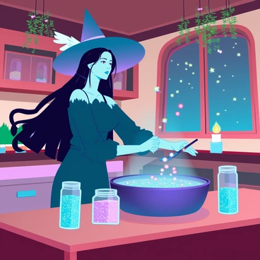 A witch with long, flowing black hair tied back in a loose braid stands in a cozy kitchen filled with warm wooden cabinetry and a variety of colorful herbs hanging from the ceiling. She is wearing a dark green dress with billowy sleeves and a wide-brimmed hat adorned with feathers. A large wooden table is covered with jars of sparkling ingredients, including bright red berries, shimmering blue powder, and glimmering golden sprinkles. The witch is mixing the ingredients in a large, ornate cauldron that emits a soft, glowing light, while a few enchanted kitchen utensils float around her, assisting with the process. The atmosphere is inviting, with a flickering candle on the table and a window showing a glimpse of a starry night sky.