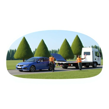 A stranded car with a blue exterior is parked on the side of a rural road. The car's hood is raised, indicating a mechanical issue. A white tow truck from a transport company is positioned next to the car, with its flashing lights activated. The truck has the company’s logo displayed on the side. A roadside assistance technician in a bright orange safety vest is inspecting the car's engine while holding tools in one hand. The background features green trees and a clear blue sky.