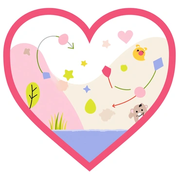 A heart-shaped graphic with a vibrant red outline. Inside the heart, there are various symbols representing ovulation, such as small eggs and arrows indicating the cycle. Surrounding the symbols, there are illustrations of plants, flowers, and baby animals, emphasizing the concept of life. The background within the heart features a gradient of soft pastel colors transitioning from pink to light blue, creating a harmonious effect. The overall composition conveys a sense of connection between ovulation and the cycle of life.