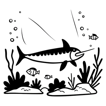A detailed illustration of a "swordfish" swimming gracefully through its "natural ocean habitat." The background features various types of seaweed and corals, with small fish swimming nearby. The "swordfish" is depicted in a dynamic pose, showcasing its elongated bill and streamlined body. Bubbles rise around the fish, and shafts of light filter through the water, illuminating the scene.