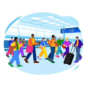 A busy airport terminal filled with travelers moving in various directions. Some individuals are pulling rolling bags, while others are carrying small backpacks and shoulder bags. The scene includes diverse people of different ages and ethnicities, dressed in casual travel attire. A large digital flight information board is visible in the background, displaying arrival and departure times. A few travelers are using their phones, while others are checking maps or talking to companions. The floor is shiny and reflects the overhead lights.