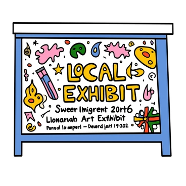 A subway advertisement featuring a vibrant and colorful design promoting a local art exhibit. The background is filled with various creative illustrations, including abstract shapes, vivid colors, and artistic elements that evoke the spirit of creativity. In the center, there is a prominent text saying, "Local Art Exhibit" in bold, eye-catching letters. Below the main title, there is smaller text providing details such as the date and location of the exhibit, designed in a playful and artistic font. The overall layout is engaging and visually captivating, drawing attention to the art exhibit promotion.
