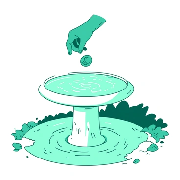 A teal hand is tossing a shiny penny into a white fountain. The penny is captured mid-air, glinting as it is about to touch the water surface. Below, the water is disturbed, creating expanding ripples that radiate outward from the point of impact. The fountain's design features elegant curves, and the surrounding area is adorned with small stones and greenery.