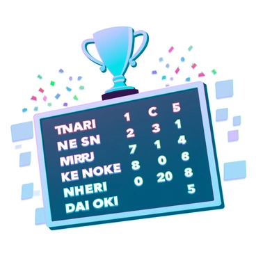 A digital leaderboard displaying a series of names and scores in bright, glowing colors. At the very top, there is a large, shining trophy with intricate details and a reflective surface. The trophy is surrounded by colorful confetti that is falling from above, creating a festive atmosphere. The background includes faint geometric patterns, enhancing the futuristic feel of the scene.